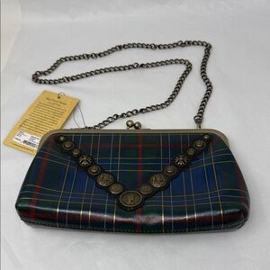 Patricia Nash Potenza Blue Green Tartan Leather Frame Bag Coin Kiss lock Clutch